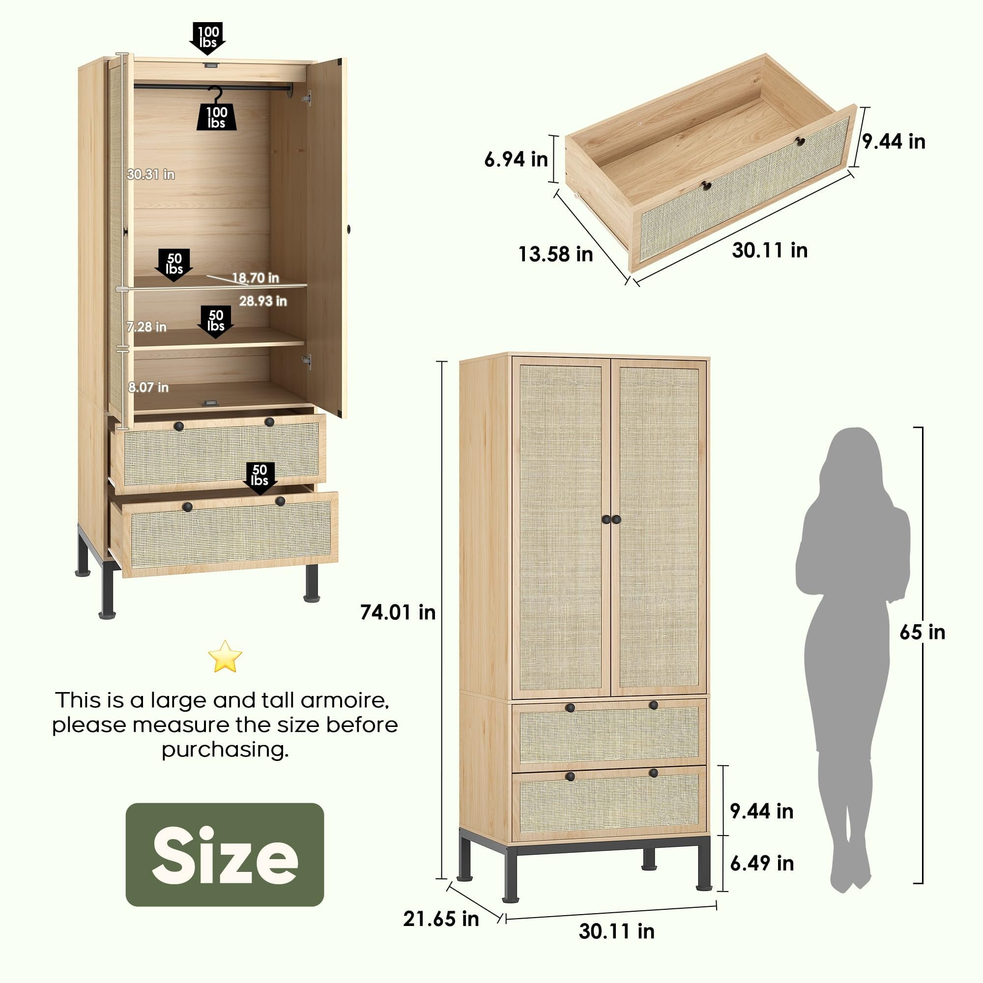 Brafabhome 67H Fluted Armoire Wardrobe Closet with Drawer, Wooden 2 Doors Wardrobe Cabinet with Hanging Rod & Adjustable Shelf for Bedroom | Whitewash