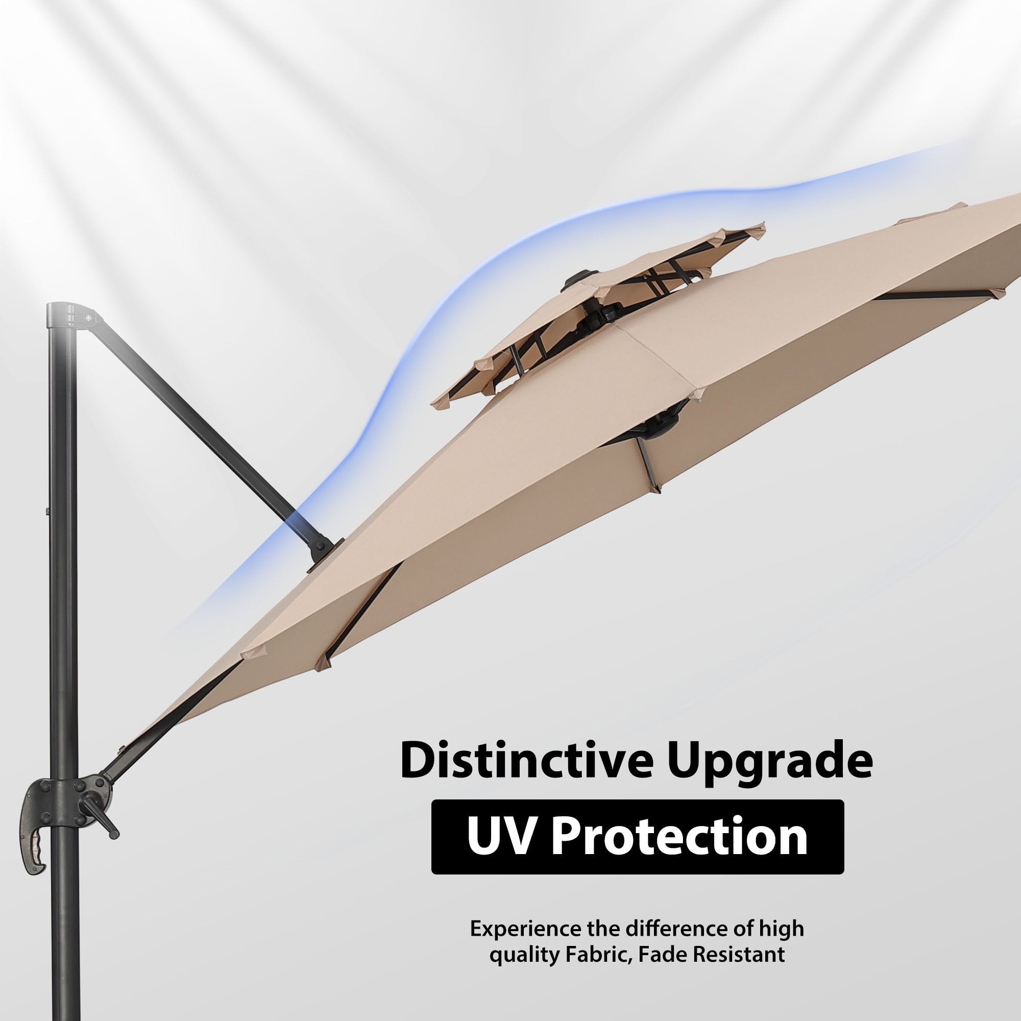 Ainfox 10ft Double Top Heavy-Duty Patio Cantilever Umbrella with lights and Cross Base, Outdoor Large Offset Hanging Aluminum Rotation Sun Shade Solar Umbrella with 360°Rotation Adjustable,Khaki