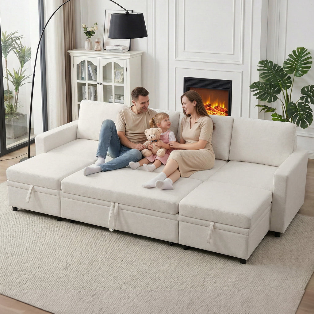 AENKYO 102 U-Shaped Sectional Sofa Bed, Linen Pull Out Sleeper Couch with Storage Seats for Living Room，White