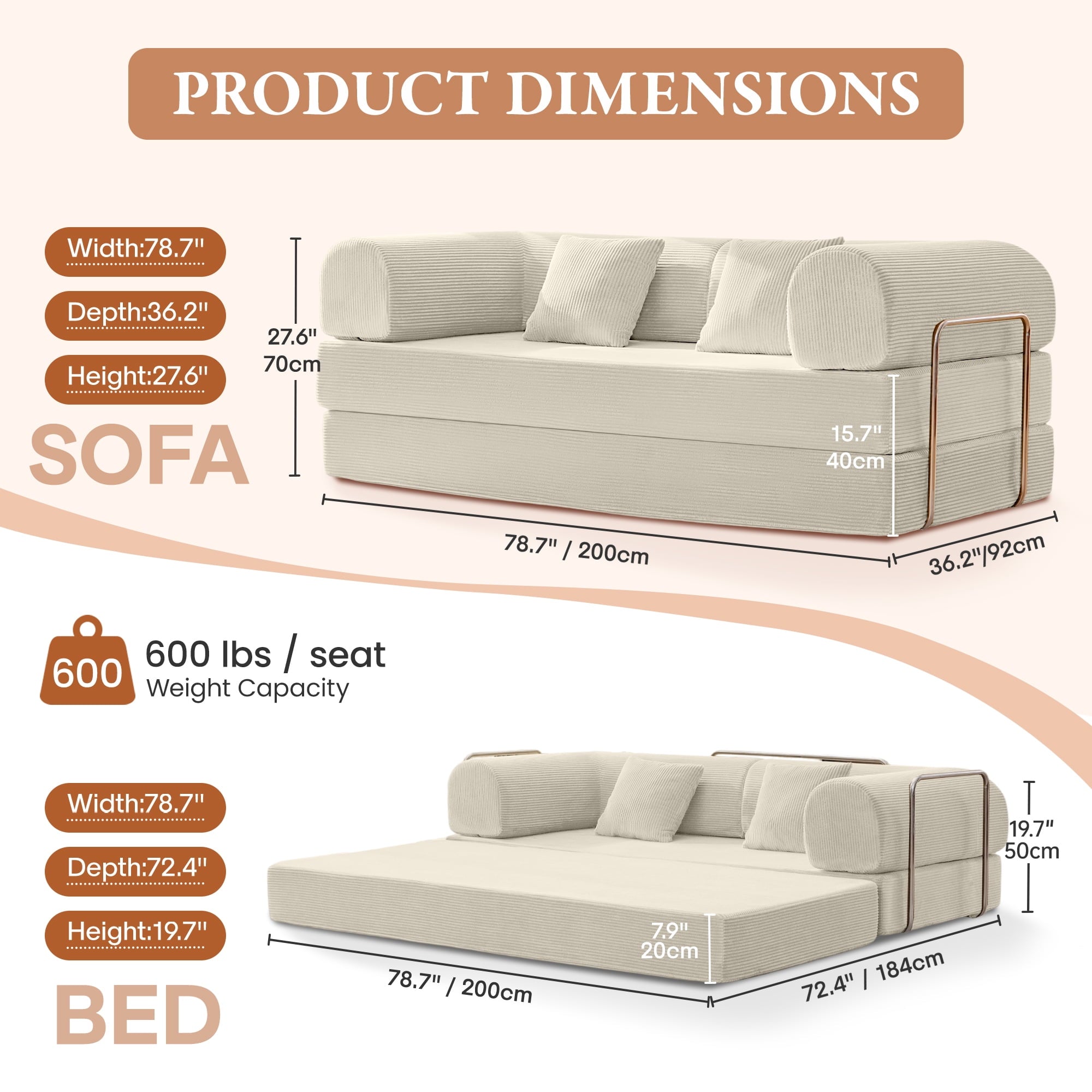 COOLHUT 63 W Combination Sofa, High Rebound Density Foam Sofa Couch, Two Forms Floor Couch Three Seats Sofa Bed for Living Room, Bedroom, Green
