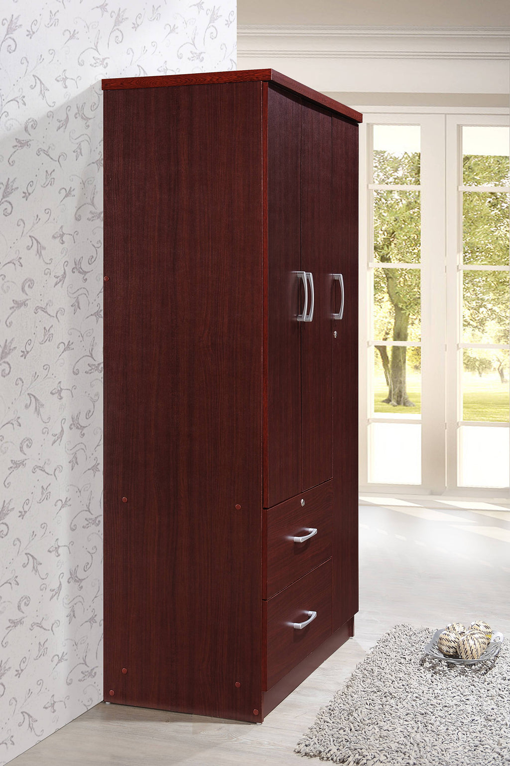 Hodedah 3 Door Bedroom Armoire with Drawers, White Finish
