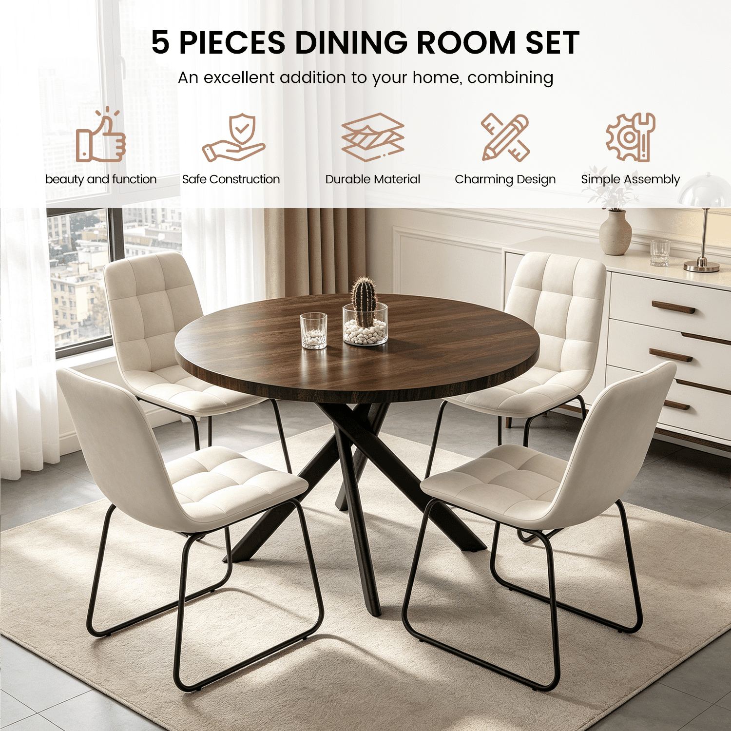 43.5 Round Dining Table for 4, Space Saving Kitchen Table with Metal Legs, Mid Century Modern Dining Table for Dining Living Room Apartment Small Space