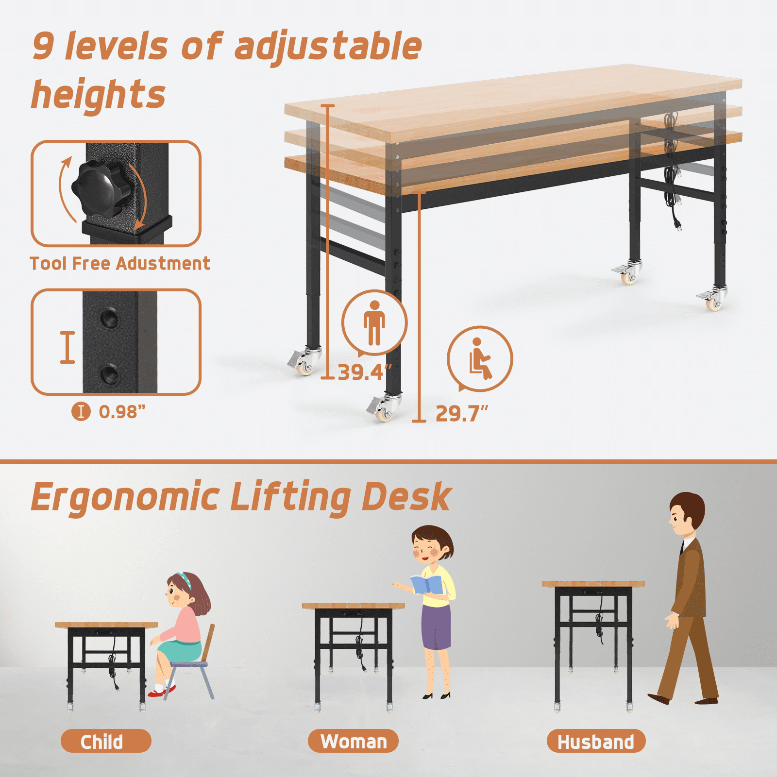 NETAJE 60 Heavy-Duty Work Bench Adjustable Workbench Work Table 2000 lb Load Capacity w/ Power Outlets for Garage, Workshop, Workstation
