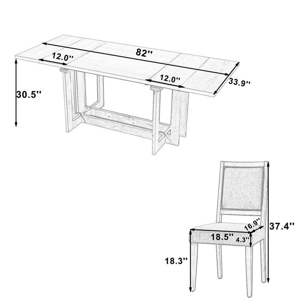 Harper & Bright Designs 7 Pieces Retro Dining Set for 6, Wood Rectangular Table with Designed Trestle Base and 6 Upholstered Chairs for Dining Room and Kitchen, Grey