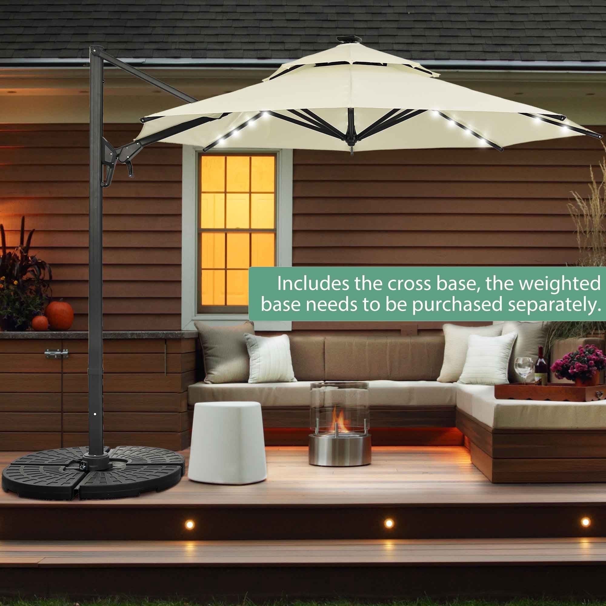Ainfox 10ft Double Top Heavy-Duty Patio Cantilever Umbrella with lights and Cross Base, Outdoor Large Offset Hanging Aluminum Rotation Sun Shade Solar Umbrella with 360°Rotation Adjustable,Khaki