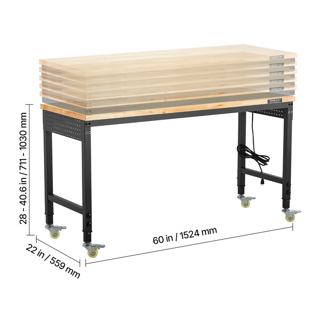 VEVOR 60-Inch Adjustable Workbench, 2000 lbs Load, Work Bench with Power Outlet, Wheels, and Pegboard, Heavy Duty Oak Wood Top Work Table for Garage, Workshop, Office, and Home