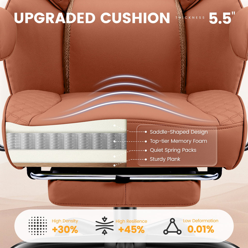 COOLHUT Big and Tall Office Chair 500lbs, Heavy Duty Ergonomic Office Desk Chair with Deluxe Embossing PU Leather with Footrest, Executive Gaming Chair with Lumbar Support, Brown