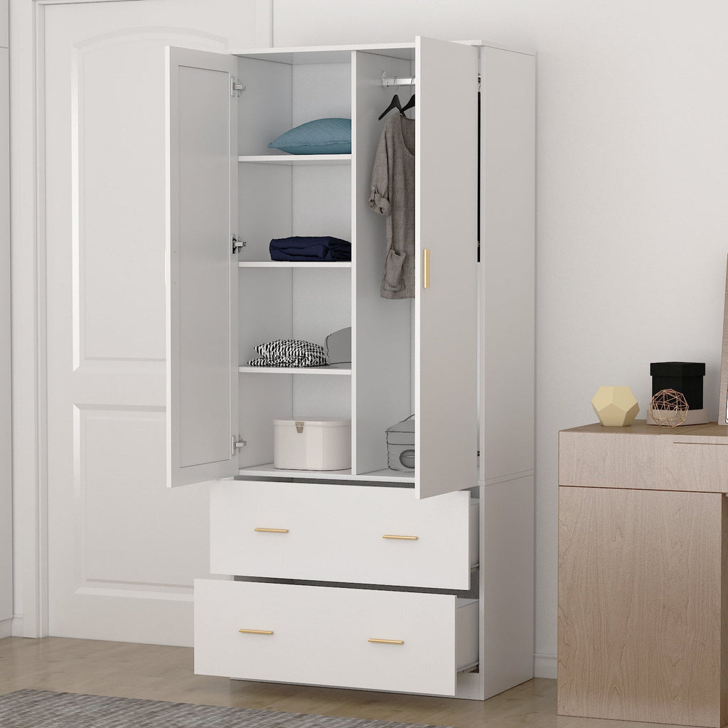 Wiawg 2 Door Wardrobe Armoire,Mirrored Closet Storage with Drawers and Shelves,White