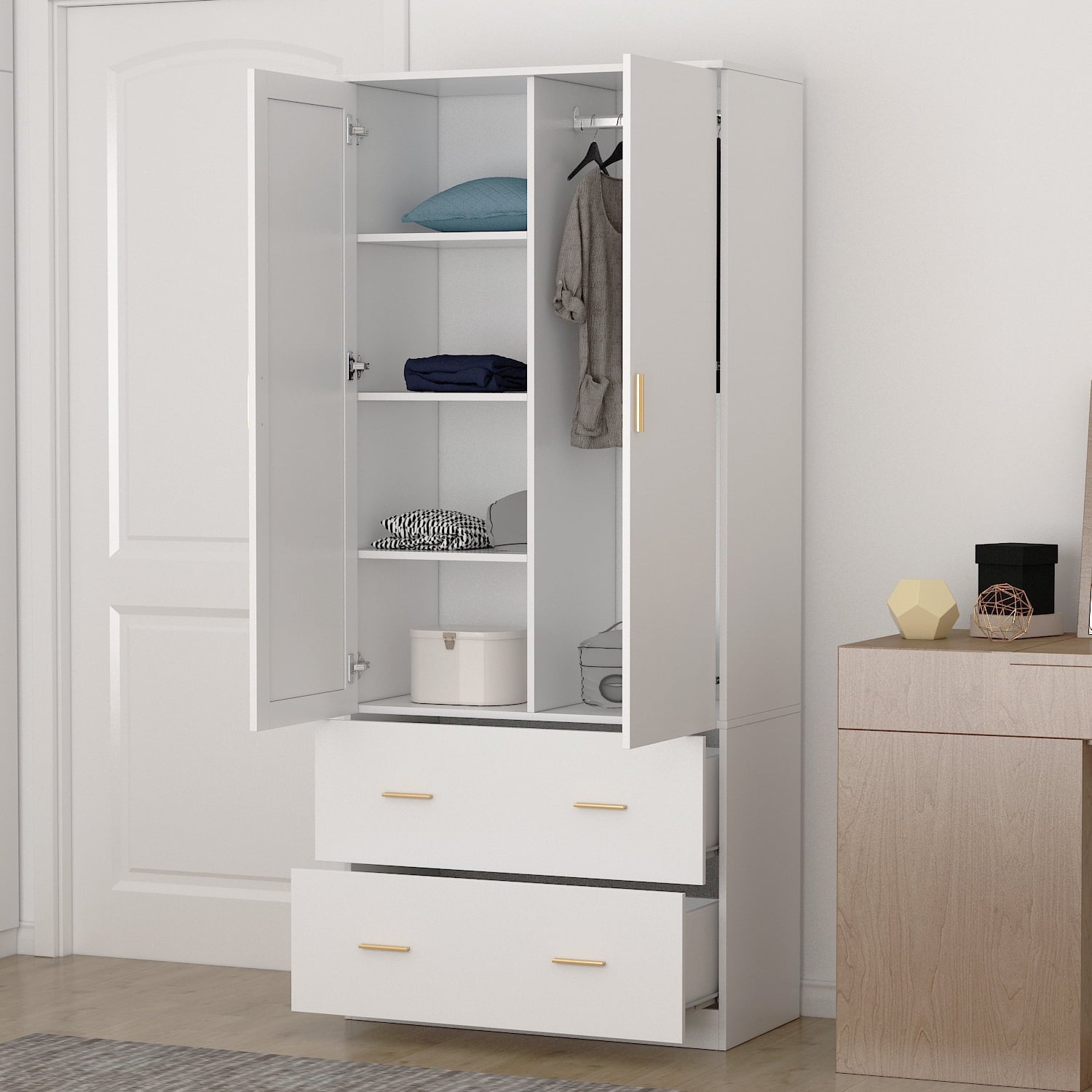 Wiawg 2 Door Wardrobe Armoire,Mirrored Closet Storage with Drawers and Shelves,White