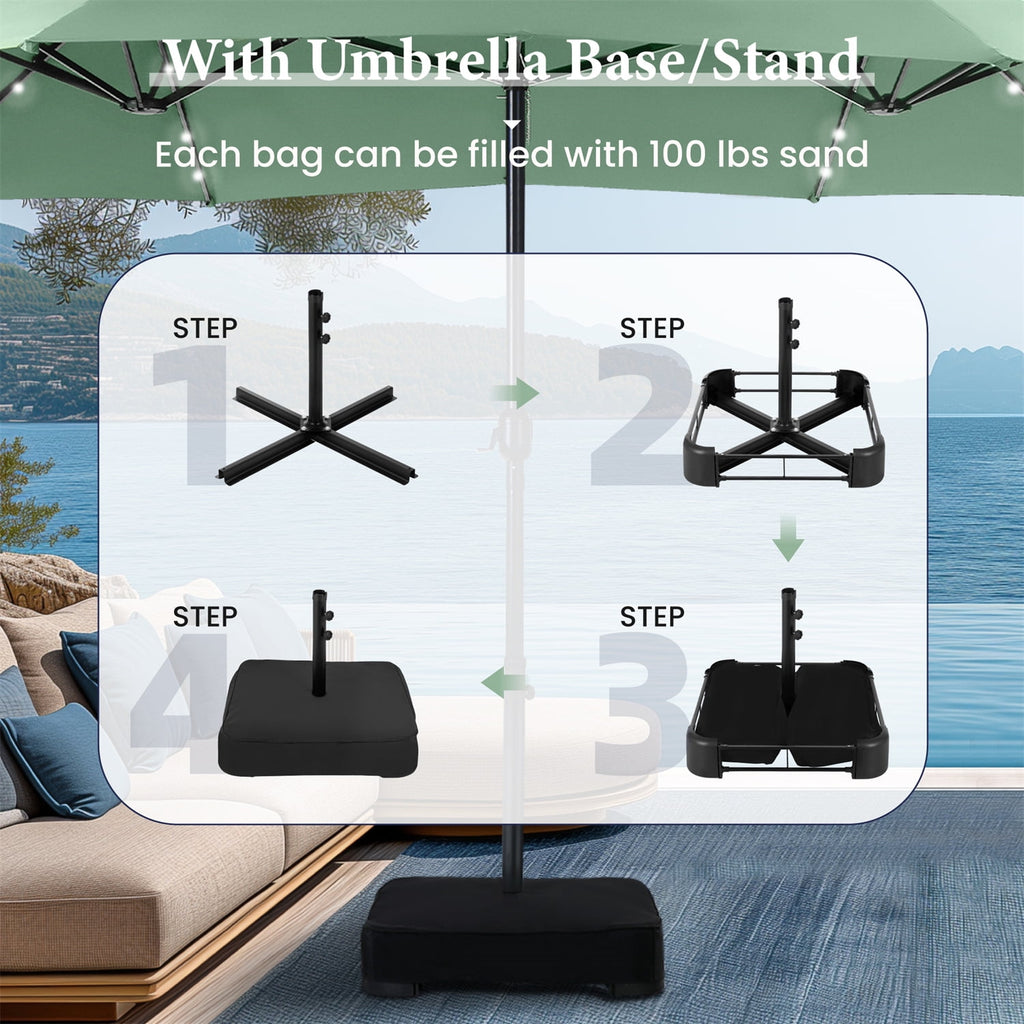 SUMMIT LIVING 15ft Double-Sided Solar Patio Umbrella with Base (Included) Large Outdoor Umbrella with Solar Lights - Beige
