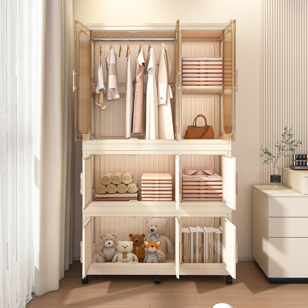 Garmic 62 Foldable Storage Wardrobe with Wheels, Portable Closet Organizer with 9 Magnetic Doors & 2 Hanging Rod, Plastic Armoire for Clothes Toys Books, White