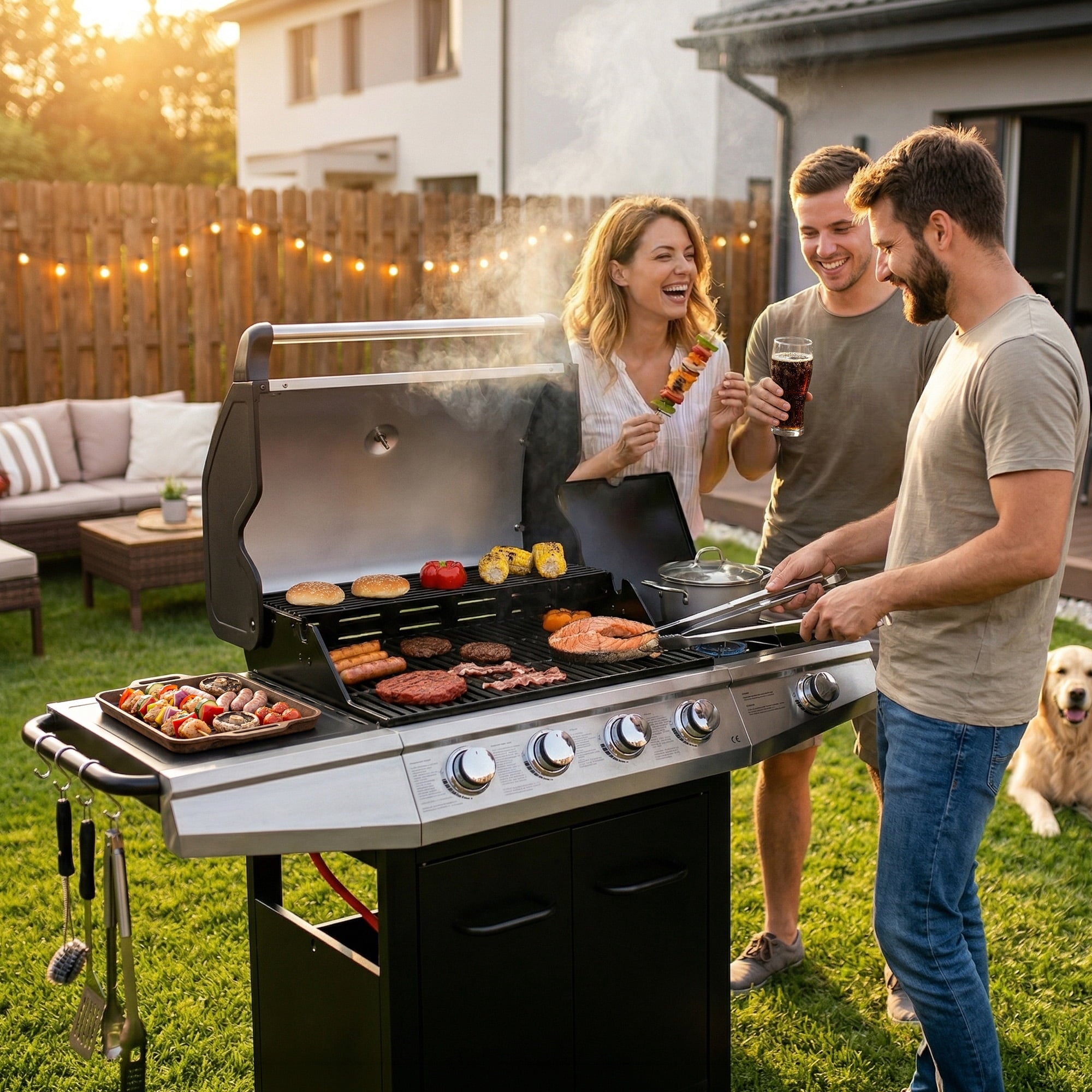 MASTER COOK 4+1 Burners Propane Gas Grill, 52,000 BTU Cabinet BBQ Grill with Side Stove, 518 Sqin Cooking Area, Stainless Steel