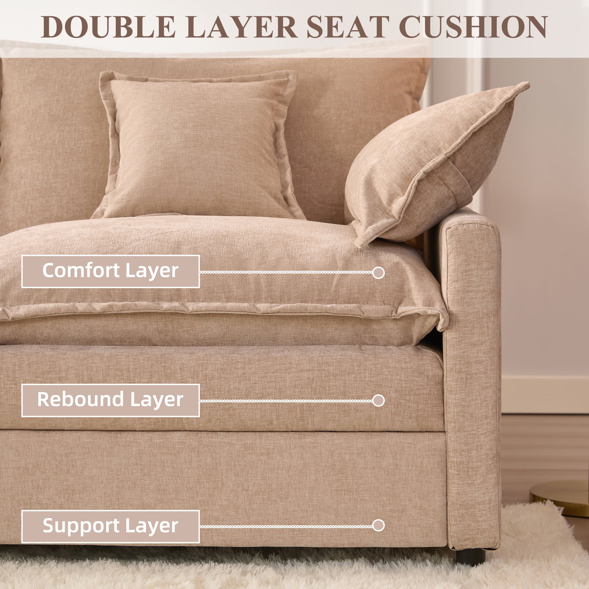 LAKPS 3-Seat Sectional Sofa Couch, Cloud-Style Deep Seating Sleeper Sofa with Included Throw Pillows, Linen Upholstery, Modern Living Room Sofa, Cream White