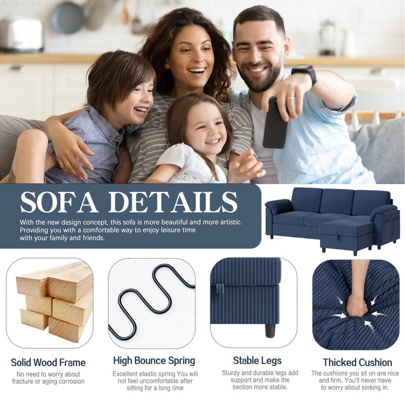 Walsunny 69 Convertible Sectional Sofa Couch with Storage Ottoman,L Shaped Sofa with Removable Pillows & Linen Fabric, Modern 3-Seat Couch with Reversible Storage Chaise,Dark Gray