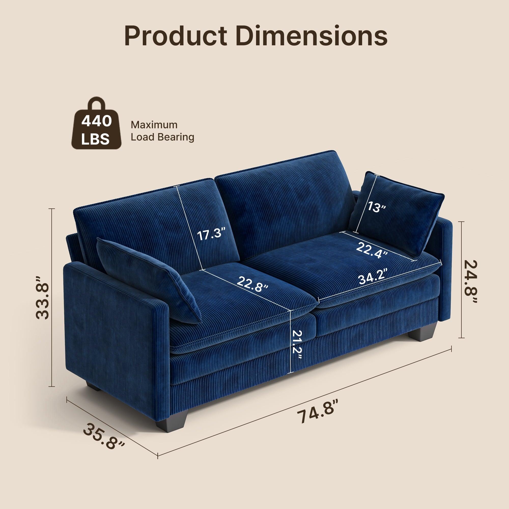 75’’ Cloud Couches for Living Room, Noelse L Shaped Modular Sofa with Deep Seats, 2 Seater Love Seat Couch with Removable Washable Corduroy Fabric for Living Room Bedroom and Apartment, Gray