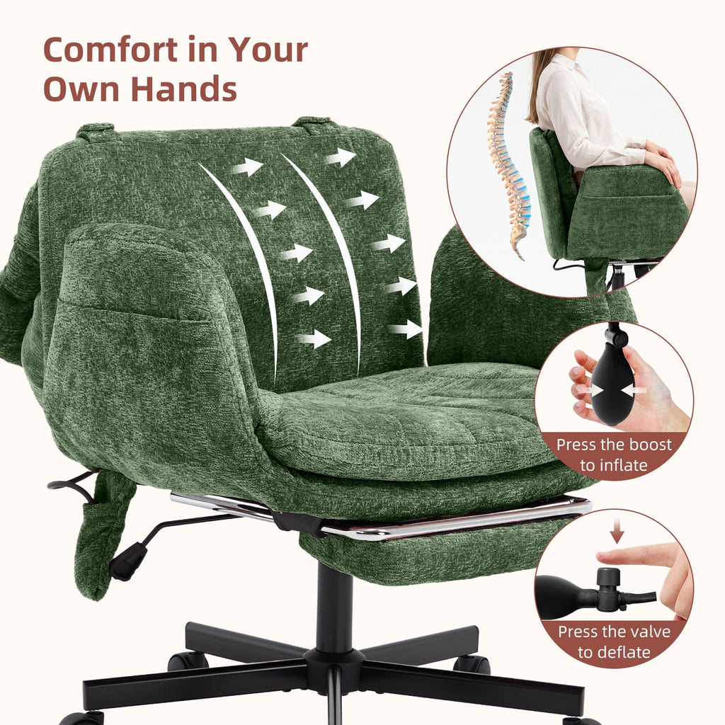 Hforesty Cross Legged Office Chair, Inflatable Flip-up Back & Wide Seat, 5-Position Armrests & Footrest, Ergonomic Task Chair for Home Office, Gray
