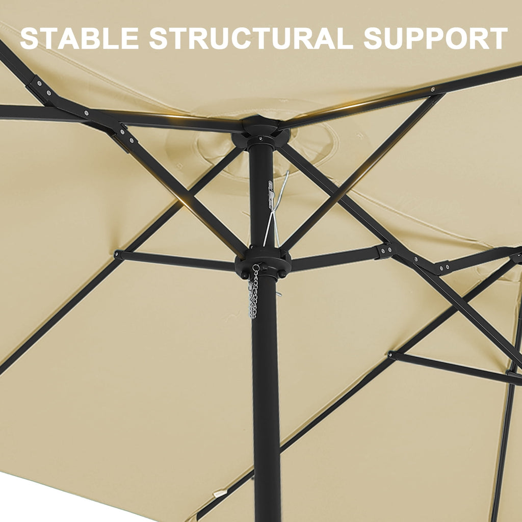 Ainfox 15ft Large Patio Umbrella with Solar Lights, Double-Sided Outdoor Rectangle Table Umbrellas with Sand Bag Base，Beige