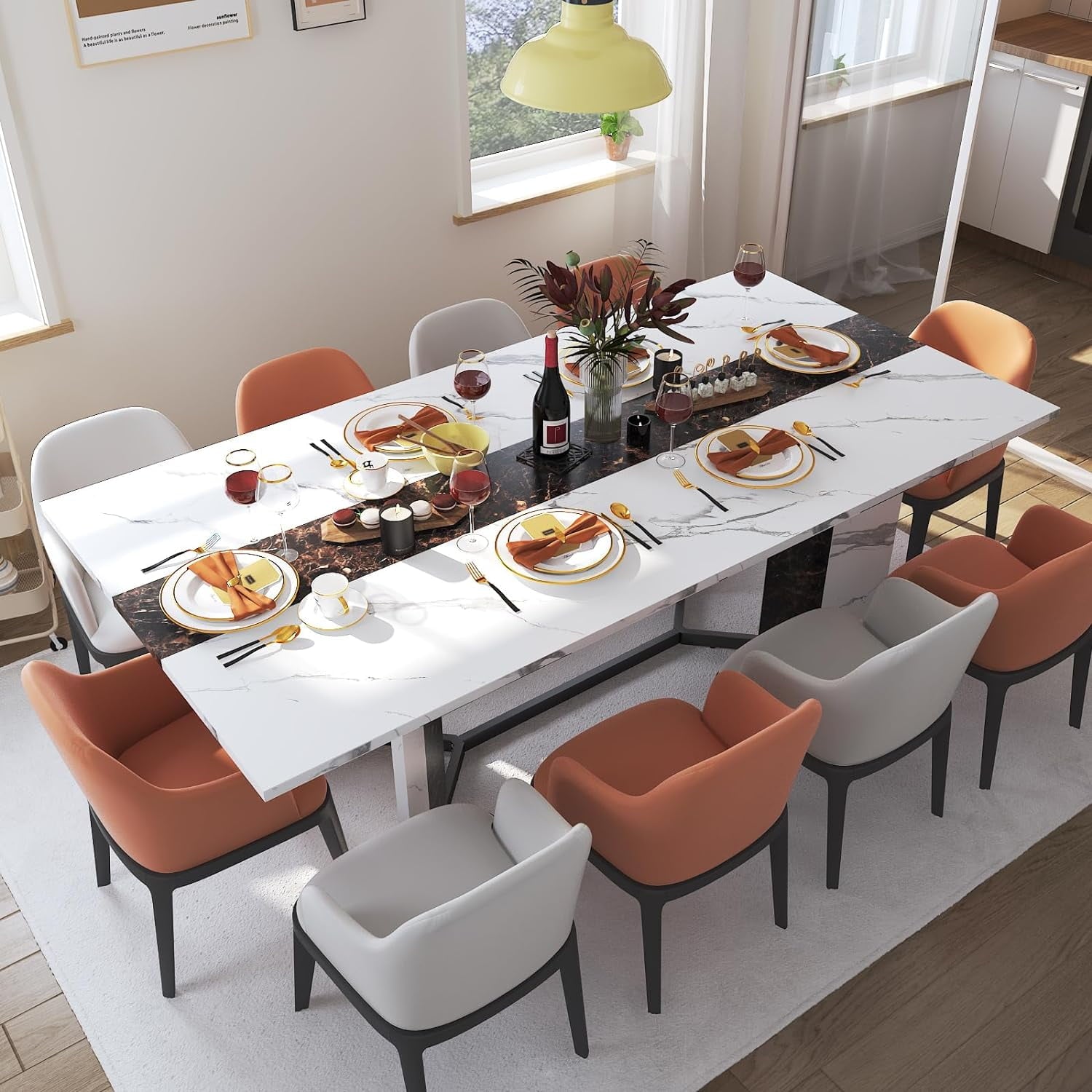 71 inch Large Rectangular Dining Table for 6-8 People, Dining Table with Marble-Color Wood Waterproof Tabletop and Adjustable Leg, 6ft Luxurious Family Dinner Table for Office Kitchen Living Room