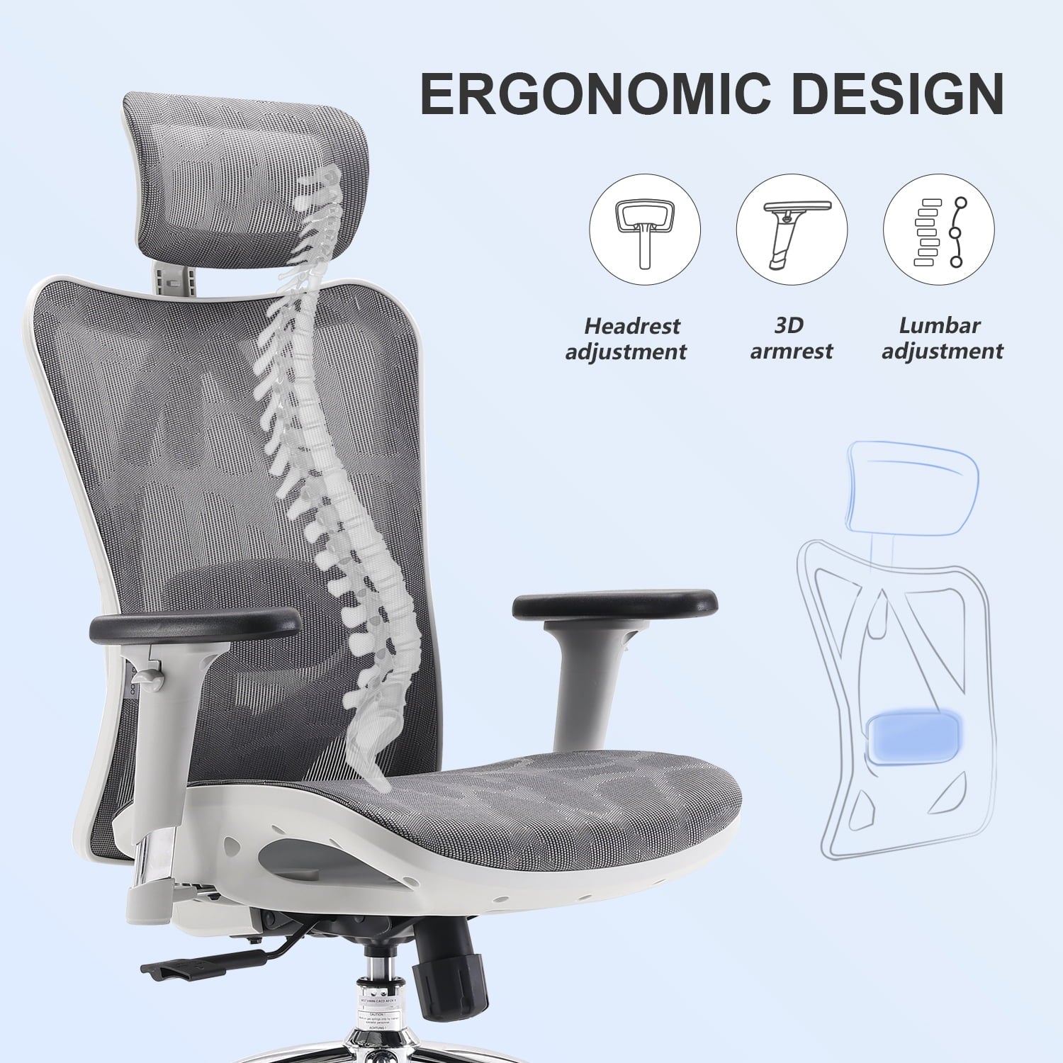 Sihoo M57 Ergonomic Office Chair, Adjustable Swivel Mesh High Back Desk Chair with Headrest, Lumbar Support, Black