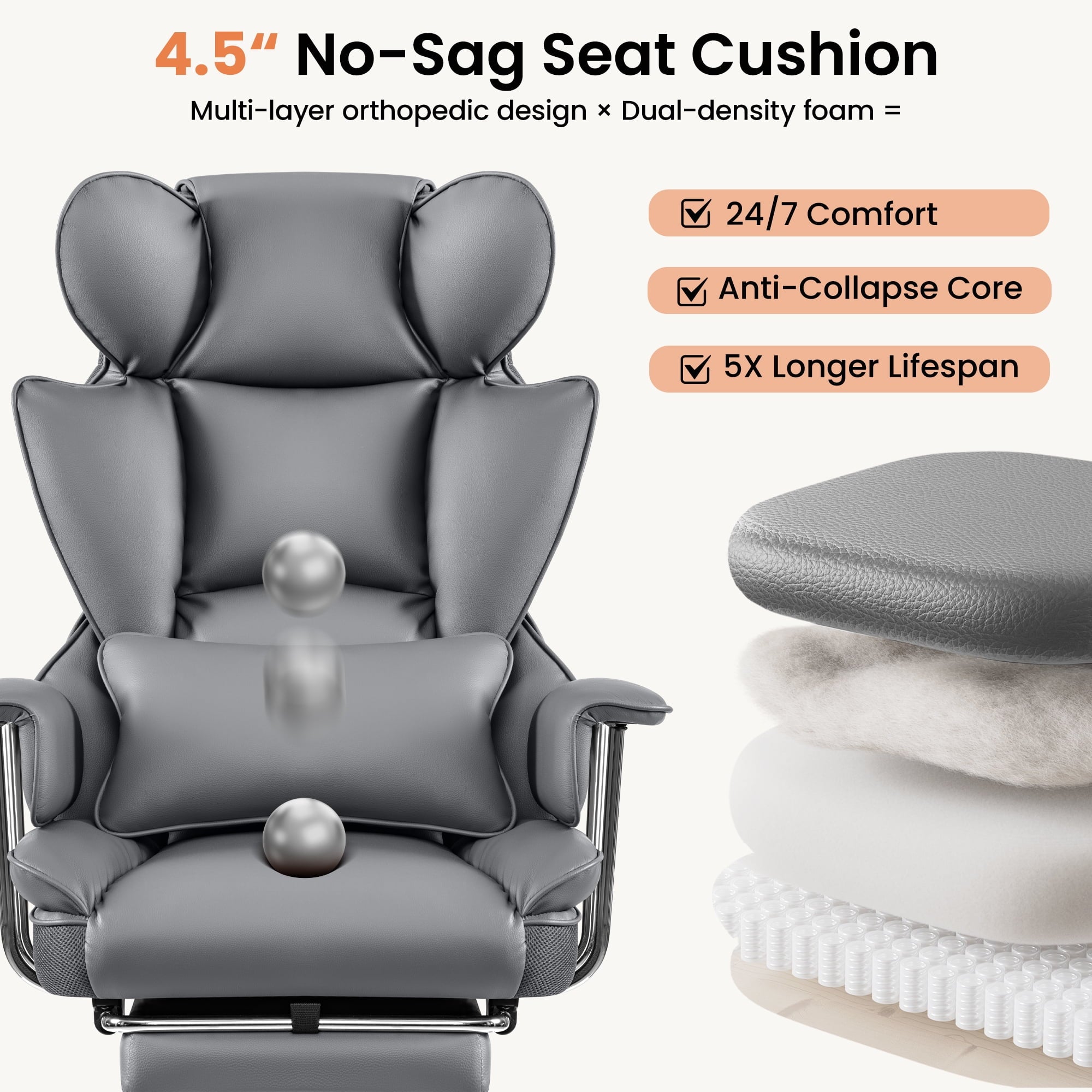 Primy High Back Office Chair, Big and Tall PU Leather Executive Chair with Footrest – Ergonomic Reclining Computer Desk Chair, High-Density Foam, Heavy Duty Swivel Rolling Chair, Black