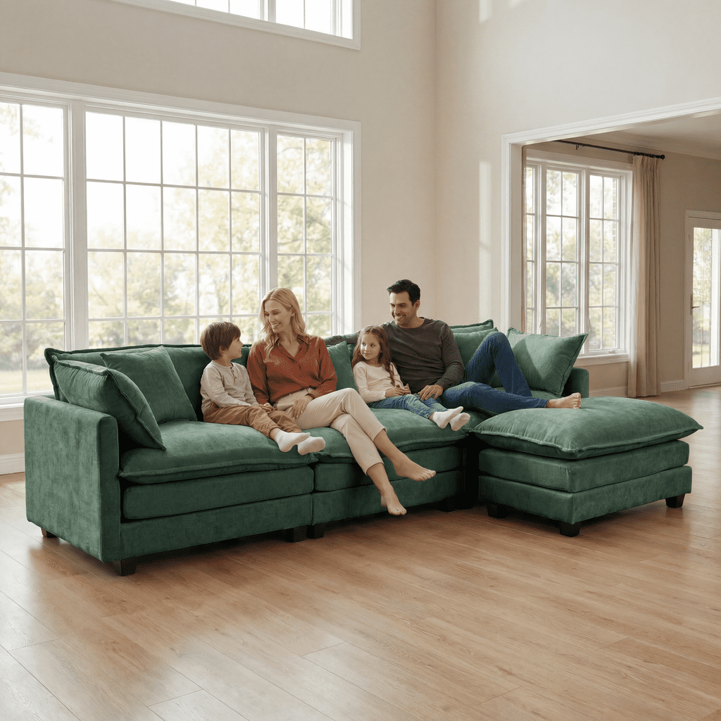 Dioepic Cloud Chenille 3-Seat Living Room Sectional Sofa Modern Cloud Couch 111.4 with Ottoman & 3 Pillows, Grey