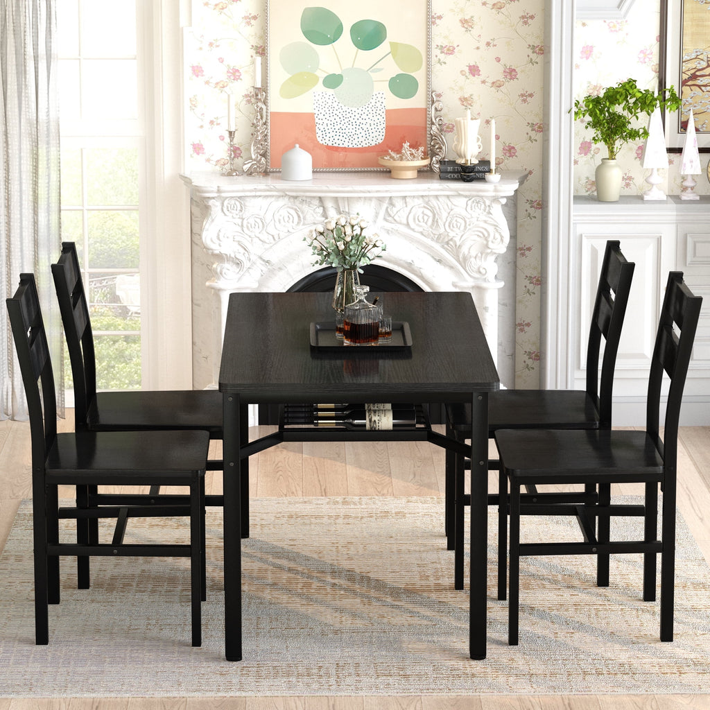Baxluxe 4-person dining table set, farmhouse-style wooden kitchen dining table and chair set, farmhouse 5-piece dining table set with storage rack, small kitchen dining table set,Black
