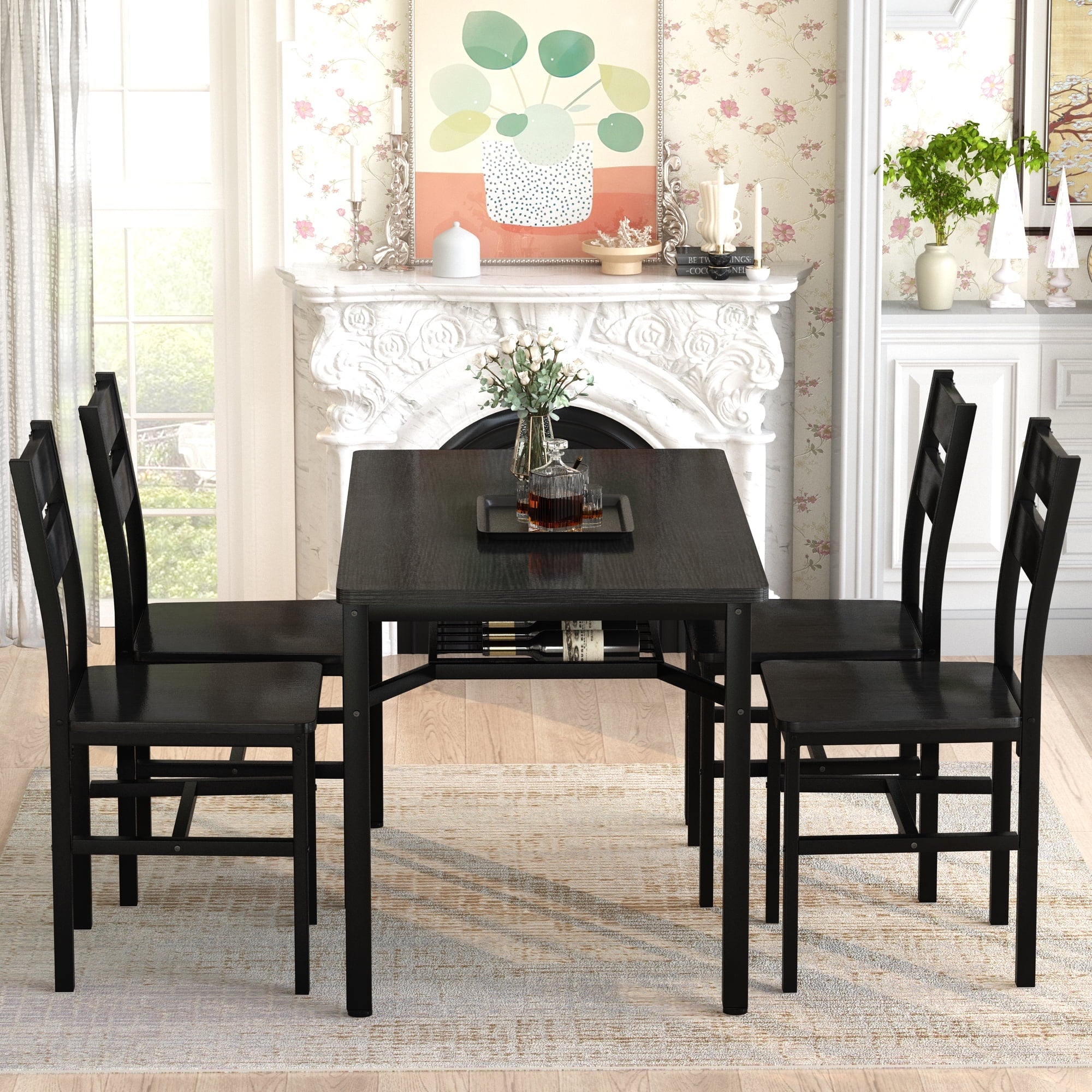 Baxluxe 4-person dining table set, farmhouse-style wooden kitchen dining table and chair set, farmhouse 5-piece dining table set with storage rack, small kitchen dining table set,Black
