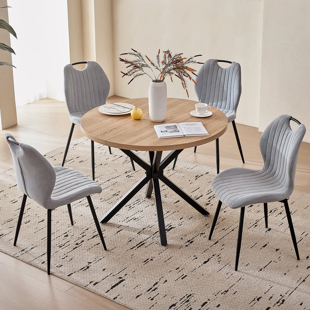 5 Piece 39 Round Dining Table Set for 4, Mid Century Kitchen Table with 4 Khaki Fabric Upholstered Dining Chairs for Apartment Living Room, Space Saving Table.
