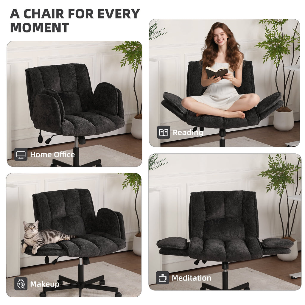 Cross Legged Office Chair with Wheels & Dynamic Airbag Lumbar Support, Criss Cross Wide Seat, 5-Position Fold-Down Armrests, Swivel Vanity Chair for Home Office, Dark Green