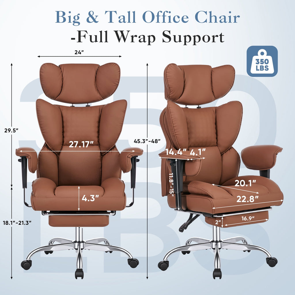 CONCETTA Ergonomic Office Chair 400LBS for Big & Tall, Heavy Duty Desk Chair with Reclining Back, Footrest, Luxurious PU Leather, Black