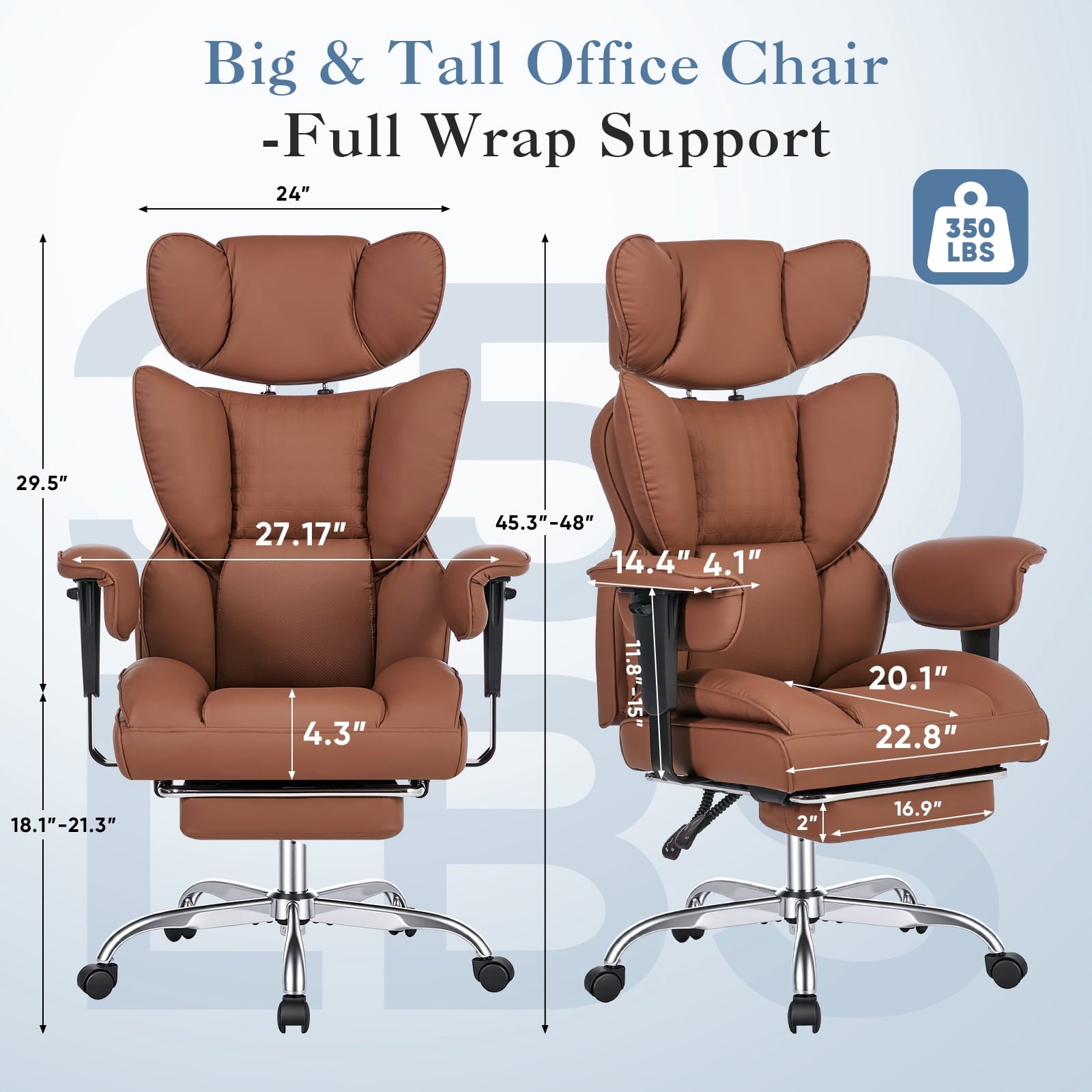 CONCETTA Ergonomic Office Chair 400LBS for Big & Tall, Heavy Duty Desk Chair with Reclining Back, Footrest, Luxurious PU Leather, Black