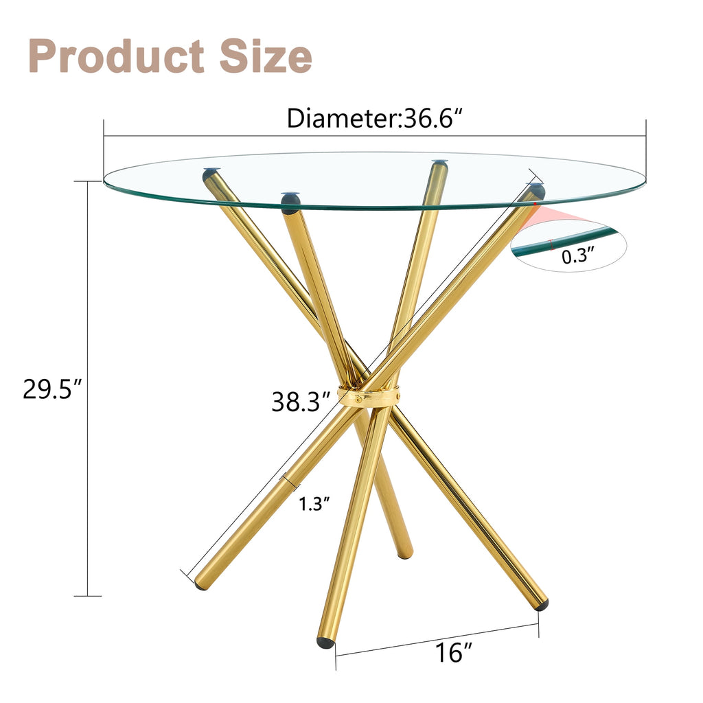 LUFTUT 36.6 Round Glass Dining Table, Modern Gold Base Kitchen Table, Small Space Bistro Table, Clear Tempered Glass Top for Apartmen
