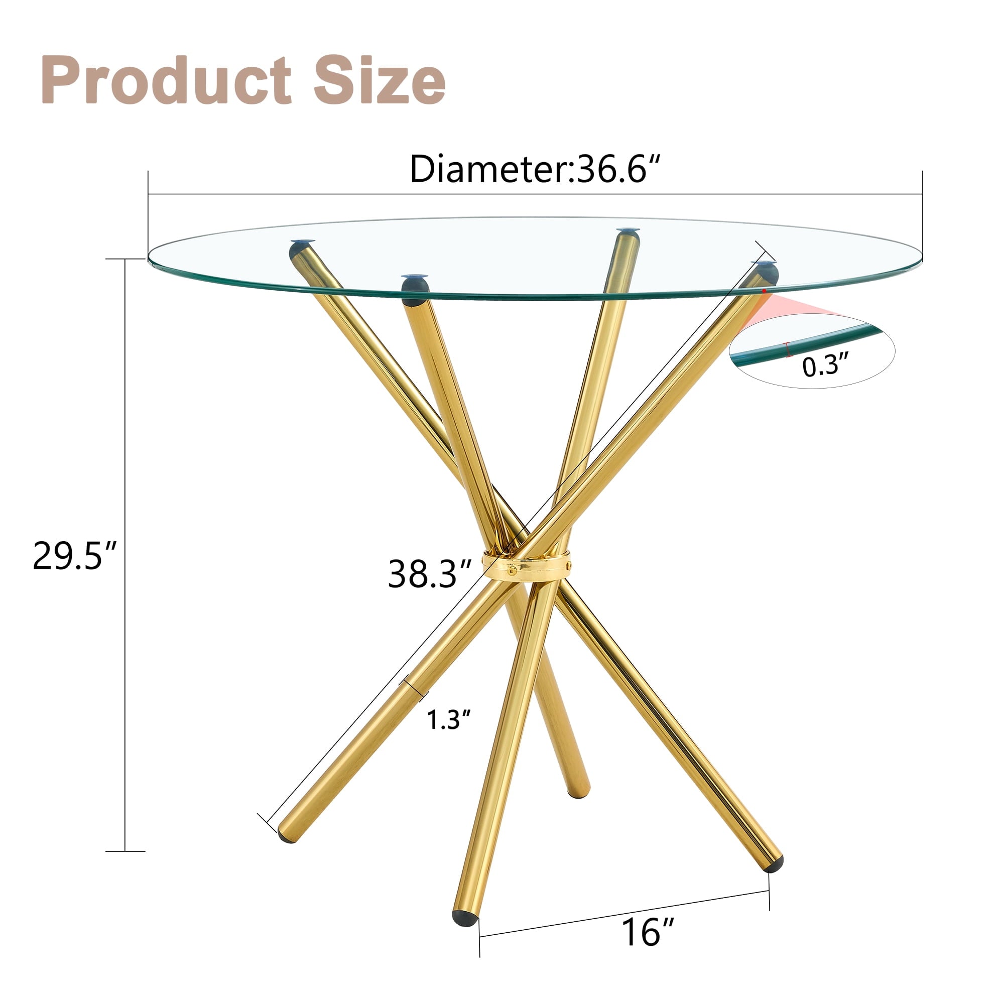 LUFTUT 36.6 Round Glass Dining Table, Modern Gold Base Kitchen Table, Small Space Bistro Table, Clear Tempered Glass Top for Apartmen