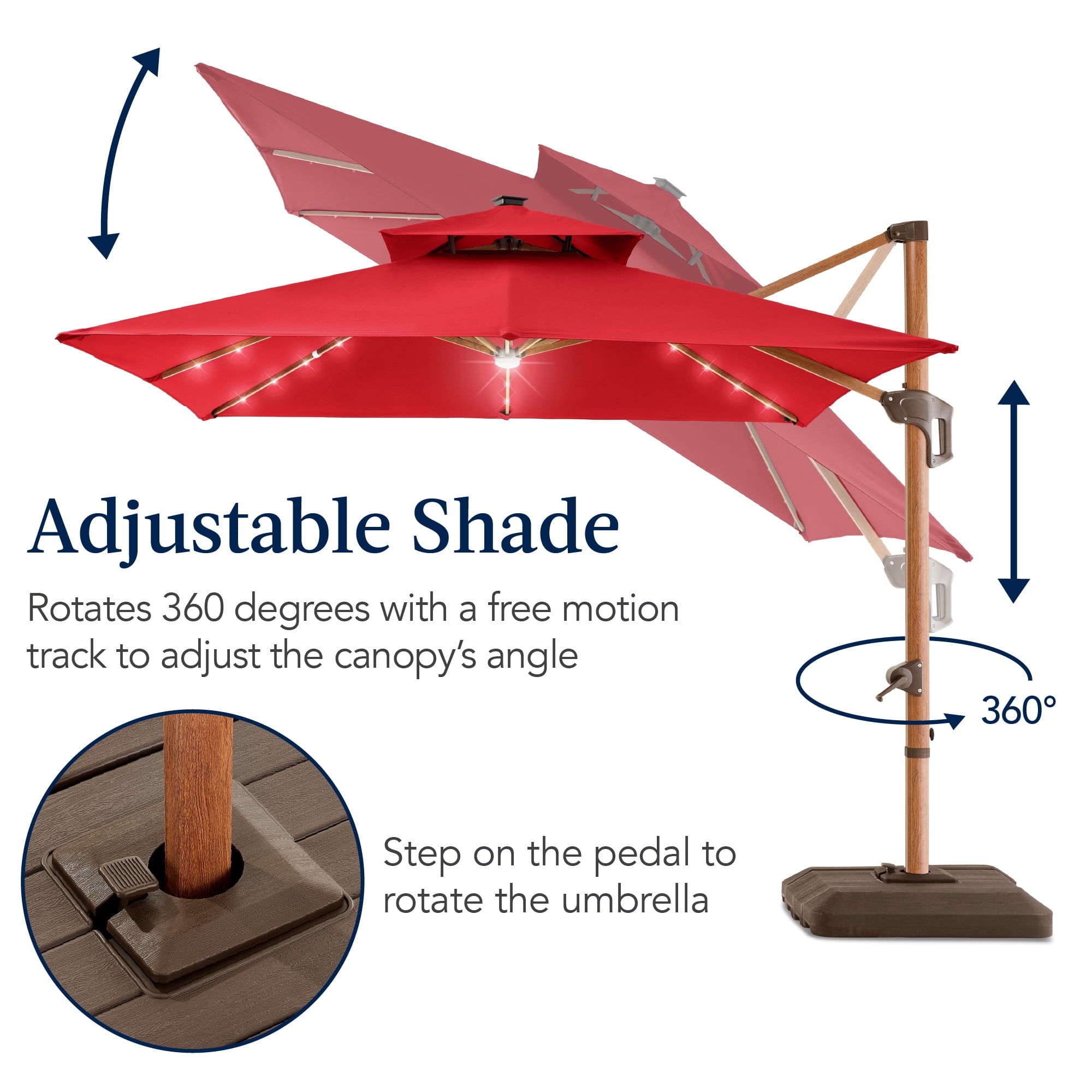 Best Choice Products 10ft Square Woodgrain Pattern 2-Tier Outdoor Solar LED Cantilever Umbrella w/ Base - Gray