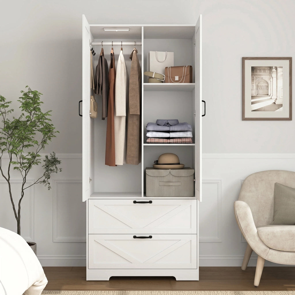 AISWORD 60 Tall Metal Wardrobe Cabinet with 1 Drawer and Hanging Rod, 2 Doors Closet with Adjustable Shelf, White