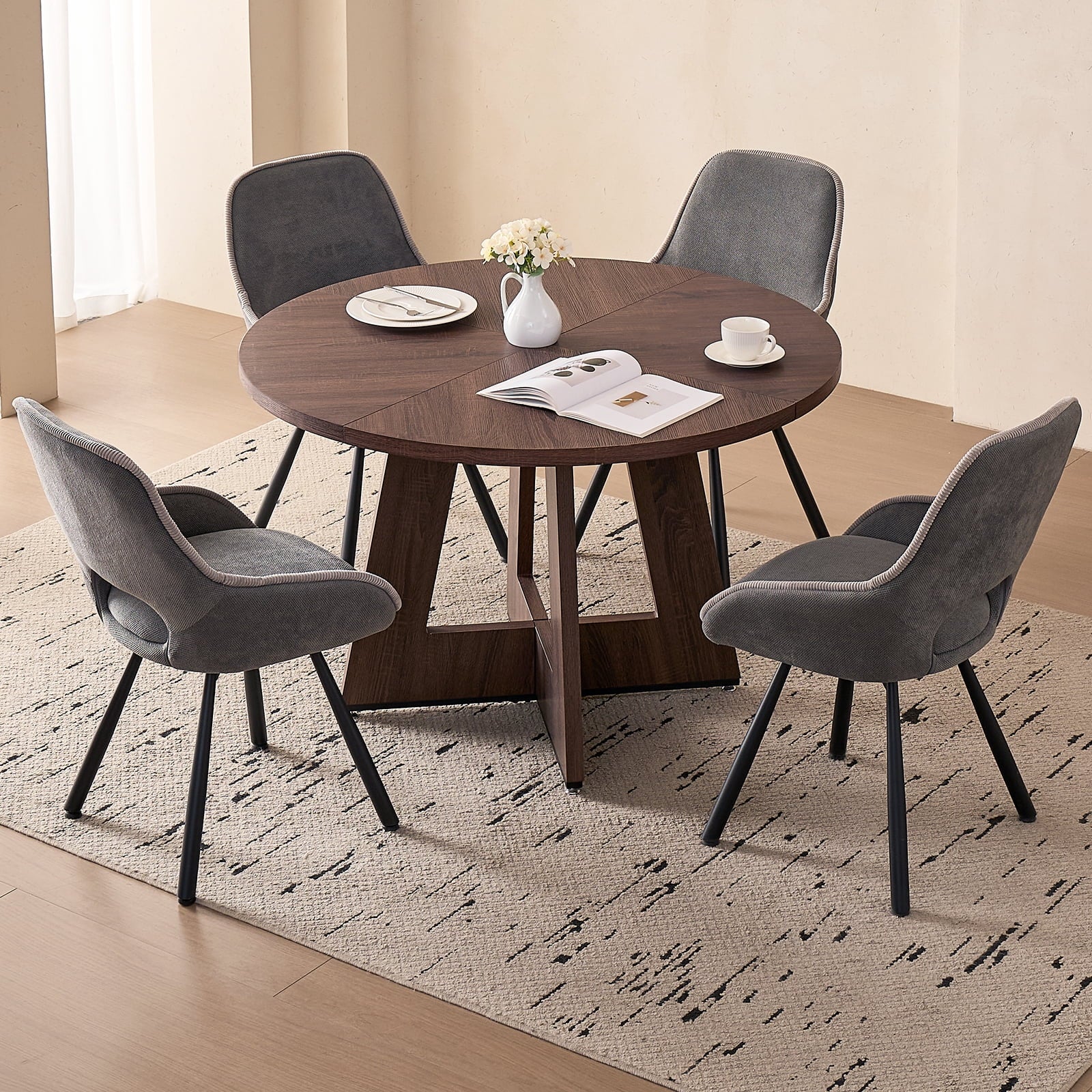 5 Piece 47'' Round Dining Table Chairs Set for 4, Farmhouse Oak Kitchen Table with 4 Boucle Mid Century Modern Dinning Room Chairs, Wood Dinner Table &Upholstered Chair Set of 4, Beige