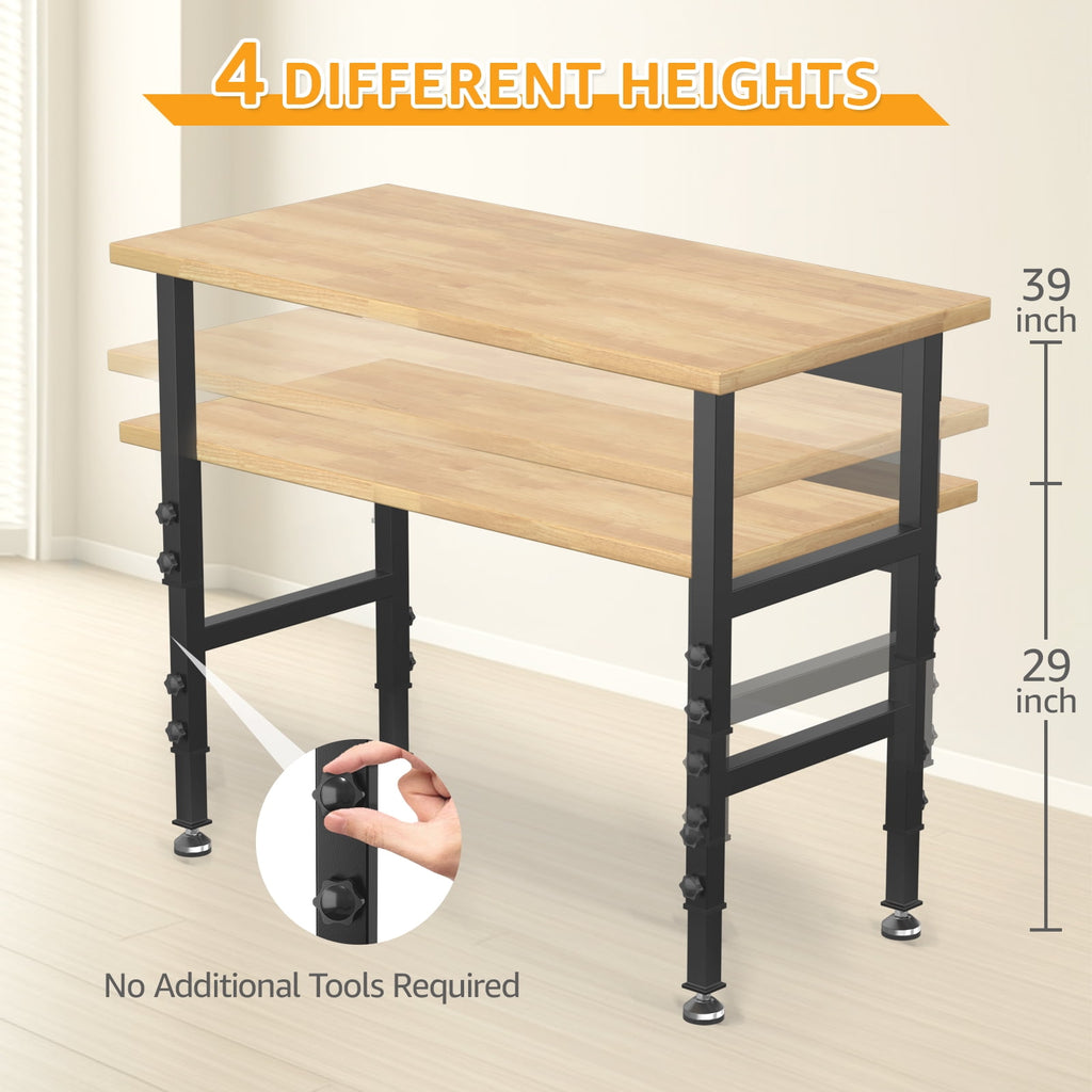 60 Adjustable Workbench,Heavy-Duty Work Table,3000 LBS Load Capacity Hardwood Workstation Outlets with Power strips and Wheels,for Workshop, Garage
