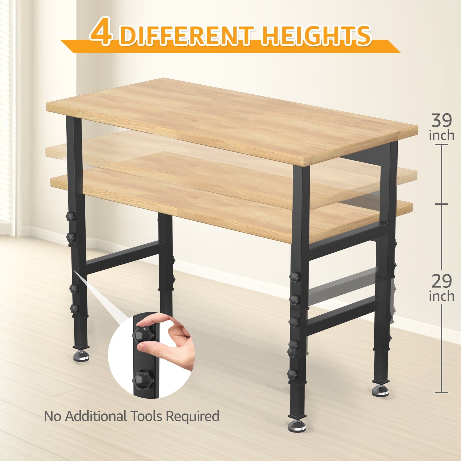 60 Adjustable Workbench,Heavy-Duty Work Table,3000 LBS Load Capacity Hardwood Workstation Outlets with Power strips and Wheels,for Workshop, Garage