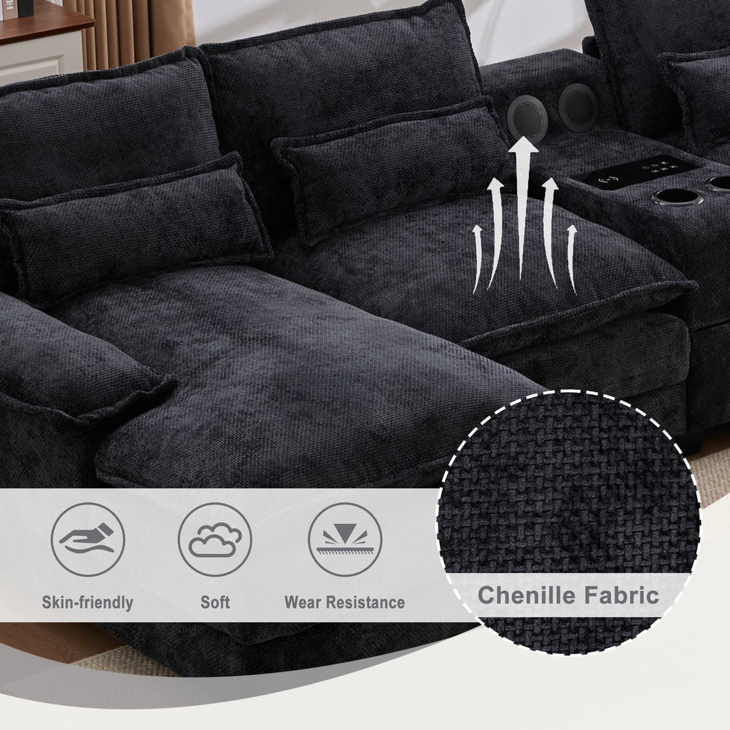 Villeston 126.77 U-Shaped Cloud Sofa With Chaise Lounge, Chenille Sofa With Wireless Charging, Bluetooth Speaker, Two Cup Holders, Storage Drawer, Suitable For Living Room,Gray
