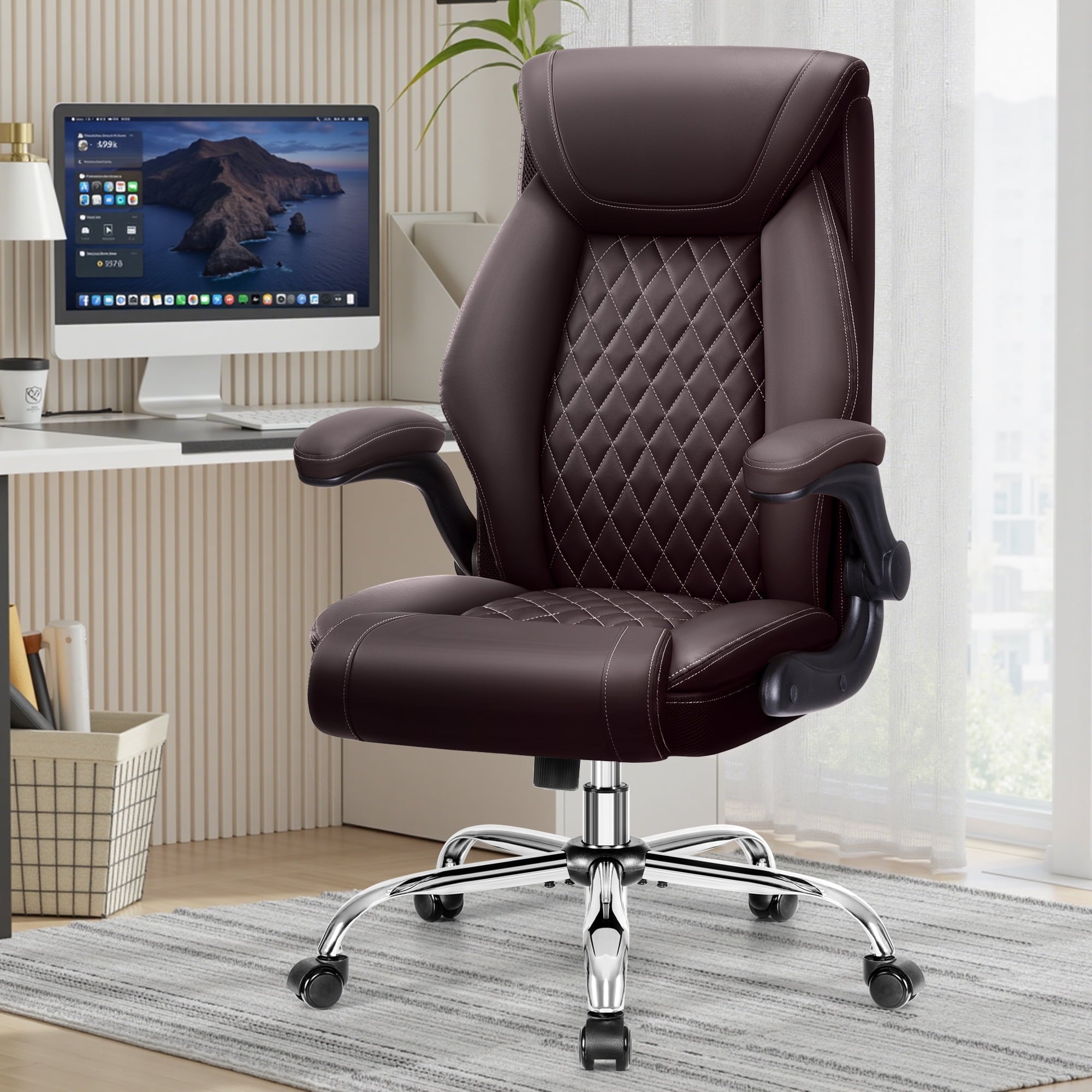 FASTES Ergonomic Office Chair, Big and Tall Leather Desk Chair with Footrest and Lumbar Support, 2-Position Reclining Executive Computer Chair, Black