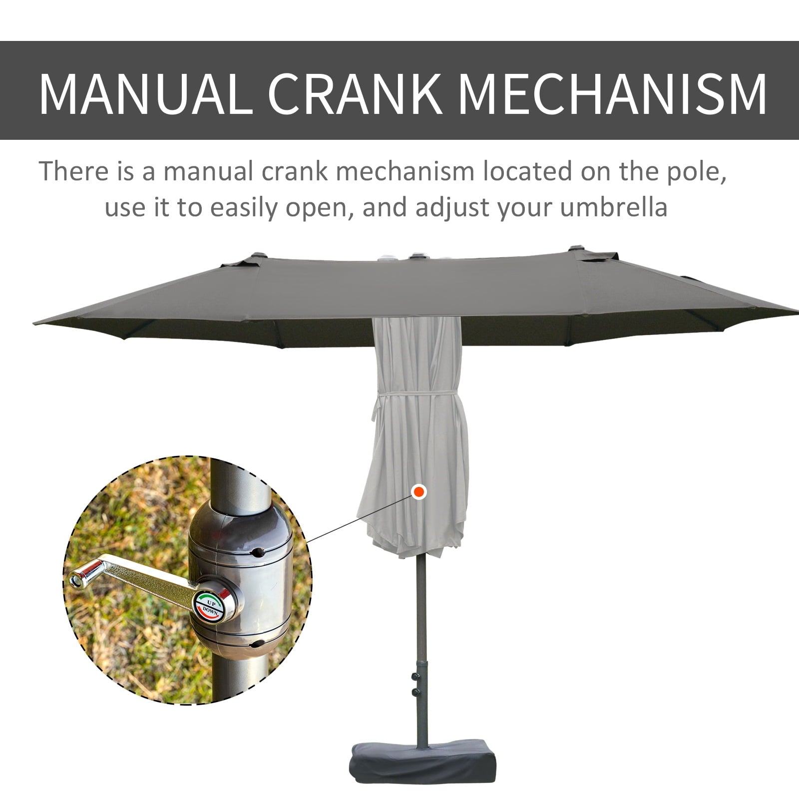 Outsunny Patio Umbrella 15' Steel Rectangular Outdoor Double Sided Market with base, Sun Protection & Easy Crank for Deck Pool Patio, Beige