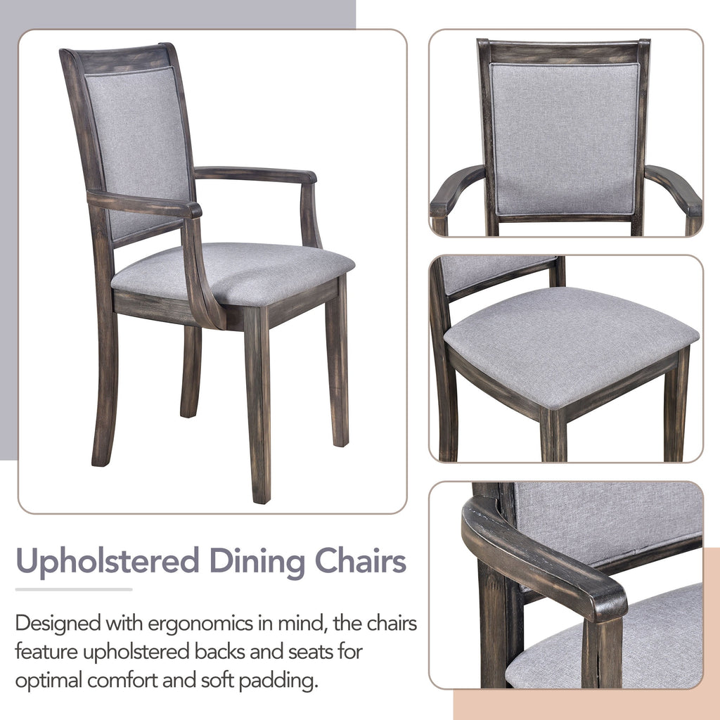 Harper & Bright Designs 7 Pieces Retro Dining Set for 6, Wood Rectangular Table with Designed Trestle Base and 6 Upholstered Chairs for Dining Room and Kitchen, Grey