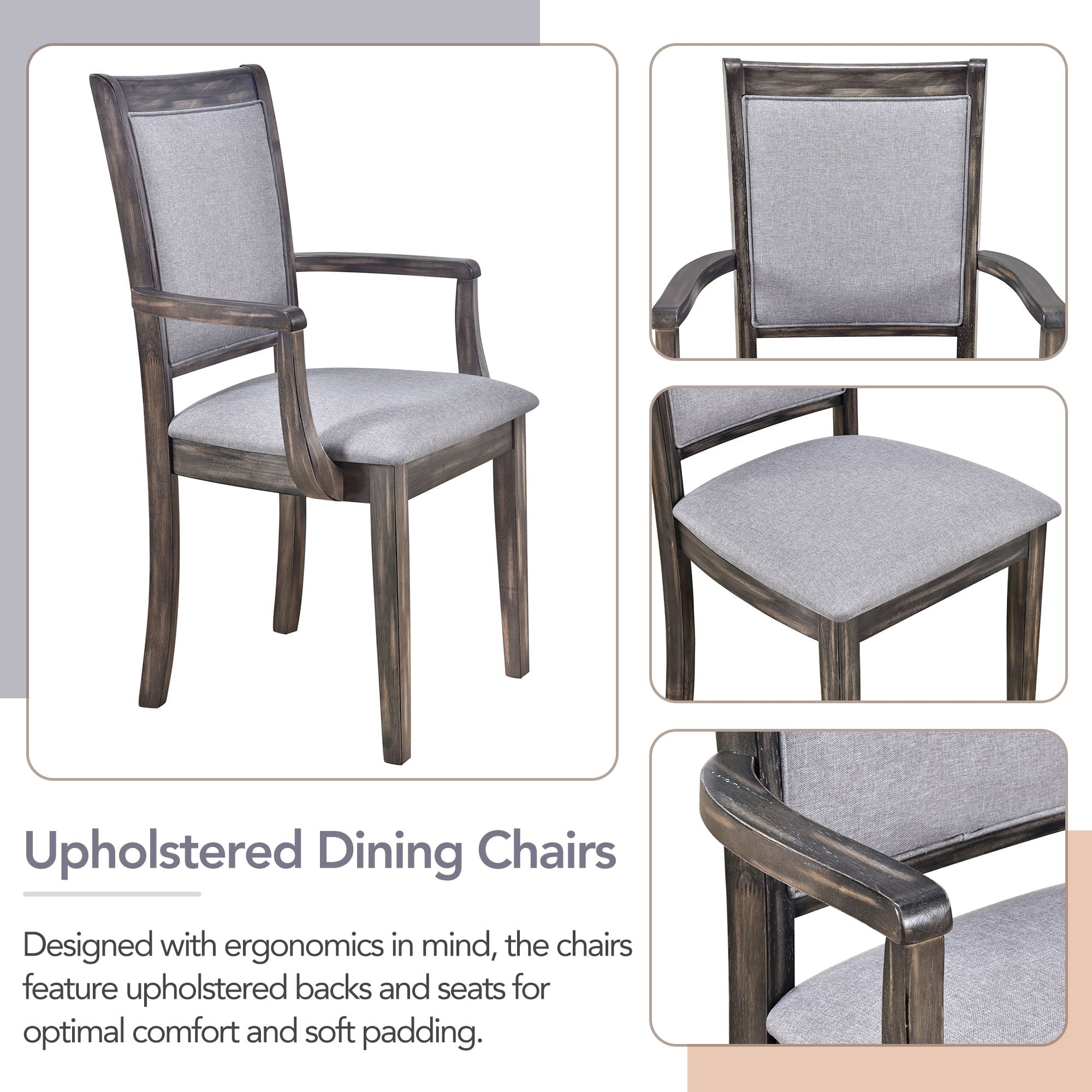 Harper & Bright Designs 7 Pieces Retro Dining Set for 6, Wood Rectangular Table with Designed Trestle Base and 6 Upholstered Chairs for Dining Room and Kitchen, Grey