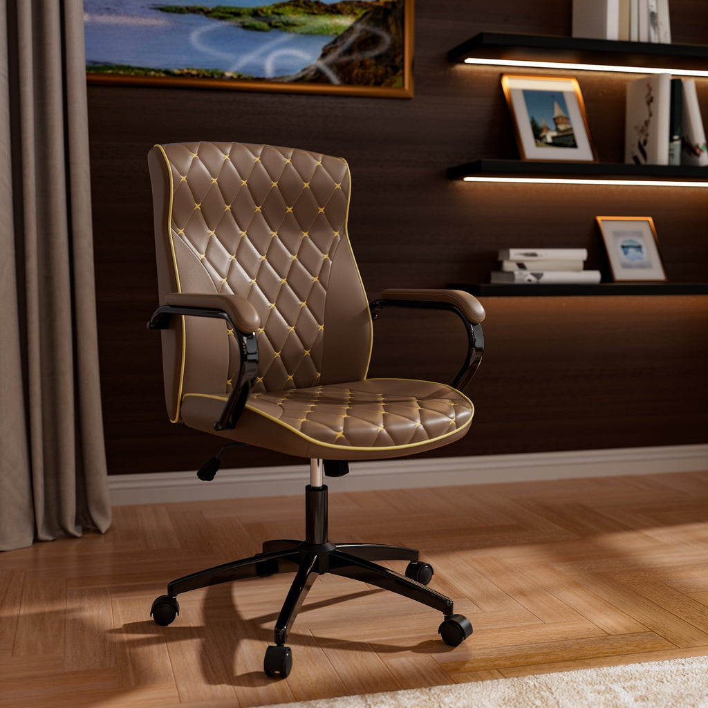 HomeZeer White and Gold Office Chair, Ergonomic High Back Executive Desk Chair with Wheels and Arms, Modern PU Leather Computer Chair with Rocking Function, White(Set of 2)