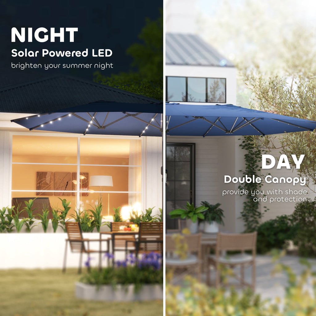 Outsunny Double-Sided Sun Umbrella, Outdoor Garden Parasol, Patio Sun Shade with LED Solar Light, Navy Blue