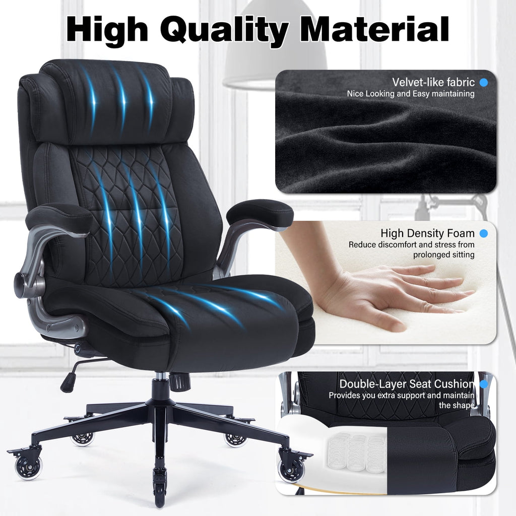 High Back Office Chair with Lockable Wheels, 400lbs Large Fabric Executive Desk Chair, Adjustable Lumbar Support Flip up Arms, Ergonomic Home Office Computer Chair with Storage Pocket, Black