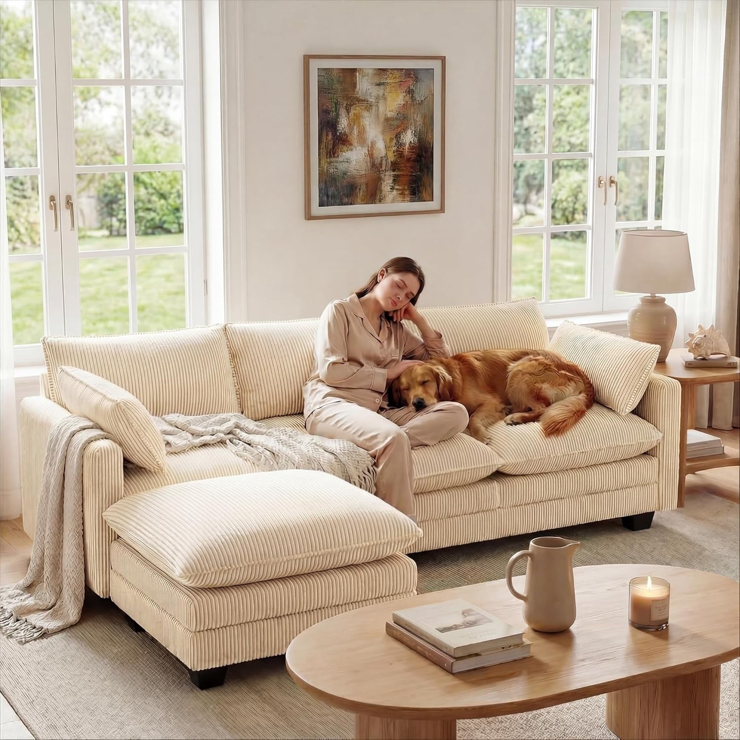 Noelse 110'' Oversized L Shaped Couch for Living Room, Cloud Couches with Washable Corduroy Cover, Modern 4-Seater Comfy Deep-Seat Sofa with Movable Ottoman and 2 Throw Pillows for Apartment, Beige