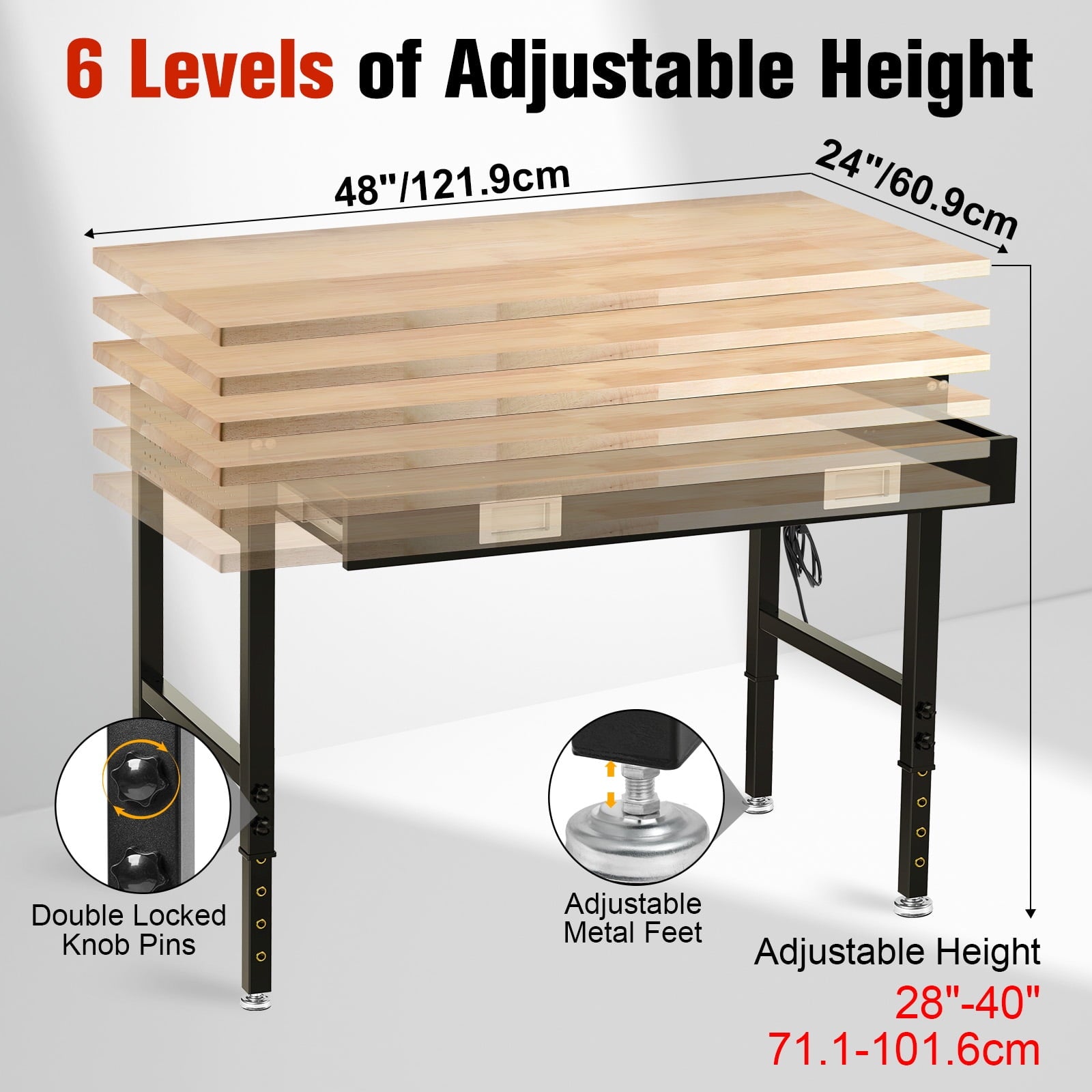 MUWOOD Multifunctional Workbench 60x22 with Pegboard Worktable w/ Power Outlets, LED, Work Bench For Garage max. 1500W Heavy Duty Workbench 2000lbs Weight Capacity