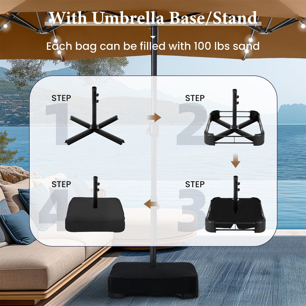 SUMMIT LIVING 15ft Double-Sided Solar Patio Umbrella with Base (Included) Large Outdoor Umbrella with Solar Lights - Beige