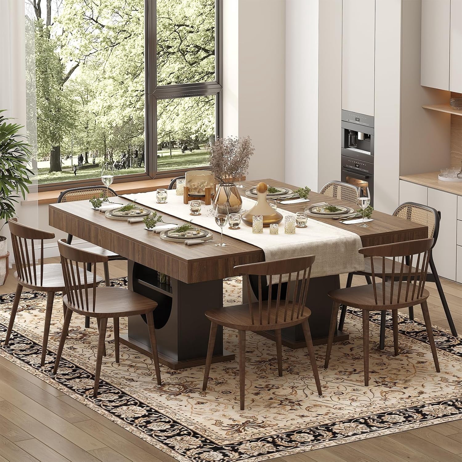 HAUXITIO 55 Inch Dining Table with LED Lights & 2 Drawers,Wooden Pedestal Base Table for 4-6 People,for Kitchen & Dining Room,White& Rustic Brown